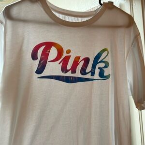 Tie-dye PINK labeled white tshirt